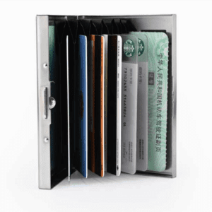 Sleek silver wallet featuring organized card slots for modern, stylish everyday use.