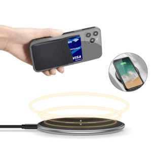 Sleek smartphone with cardholder and wireless charging pad for modern convenience and style.
