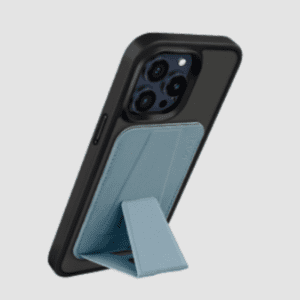 Sleek black smartphone case with blue cardholder and kickstand for modern devices.