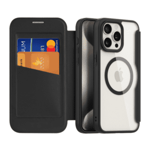 Sleek black smartphone wallet case for iPhone with card slots and MagSafe compatibility.