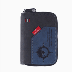 Stylish black and blue wallet with compass design, perfect for travel and everyday use.