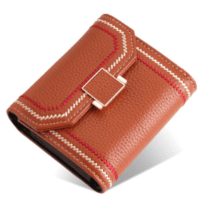 Elegant brown leather wallet with unique clasp, perfect for stylish gifts and everyday use.