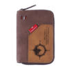 Stylish compact brown leather-look wallet with compass design and secure zip closure.