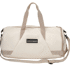 Stylish beige duffel bag with adjustable straps, perfect for travel or gym use.