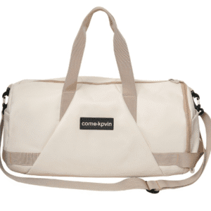 Stylish beige duffel bag with adjustable straps, perfect for travel or gym use.