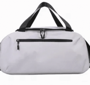 Stylish light gray duffel bag with adjustable strap, perfect for travel and gym use.