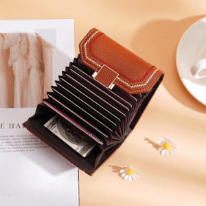 Stylish tan leather wallet with floral decor, ideal for fashion and lifestyle enthusiasts.