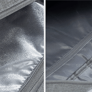 Explore the sleek interior organization of a stylish travel bag with glossy lining and functional pockets.
