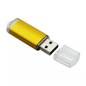 Elegant gold USB flash drive with protective cap, perfect for stylish data storage solutions.