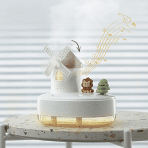 Whimsical windmill humidifier with playful lion and tree, perfect for kids rooms and decor.