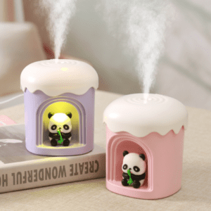Whimsical cupcake-shaped humidifiers with panda figurines, perfect for cozy home decor.