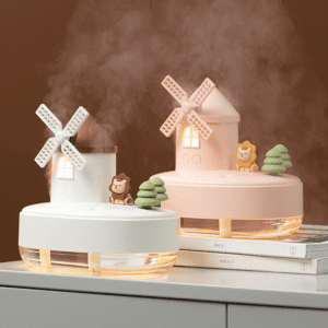 Charming house-shaped humidifiers with windmills create a whimsical and serene decor atmosphere.