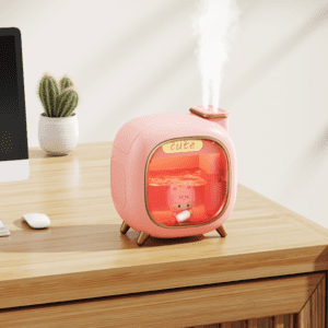 Whimsical pink humidifier with cute character, perfect for stylish and functional workspace decor.