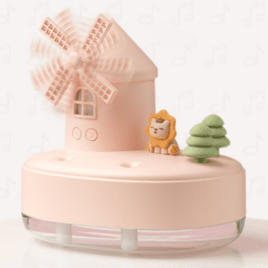 Charming pastel windmill device with playful lion character, perfect for kids decor and relaxation.
