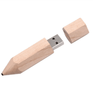 Unique wooden pencil USB drive, blending traditional design with modern technology for stylish storage.